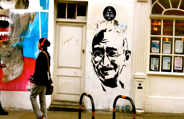 A STENCIL OF GANDHI CREATED IN THE EAST END BY AN ANONYMOUS ARTIST
