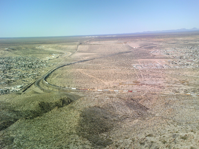 The start of the border fence between the United States and Mexico near Sunland Park, New Mexico, U.S.A. and Rancho Anapra, Chihuahua, Mexico.
