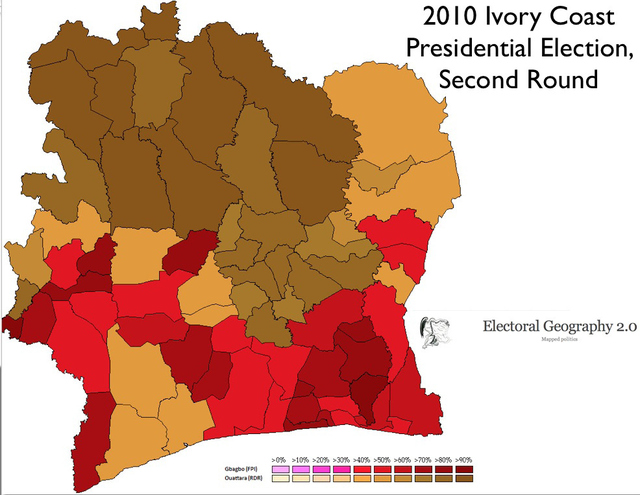 The 2010 Ivorian Presidential Election, which Gbagbo claimed despite having won fewer votes than Ouattara, was particuarily indicative of the continuing divisions within Cote d'Ivoire. Note the high overlap between coca production, dominated by southern groups, and the Gbagbo vote.