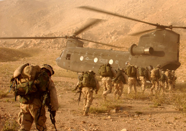 US soldiers board a CH-47 Chinook helicopter during a military operation in Afghanistan