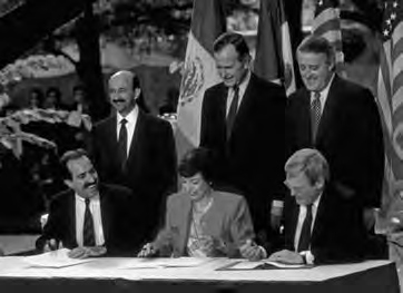 Signing of the NAFTA Treaty, December 17, 1992 by U.S. President Bush, Canadian Prime Minister Mulroney, and Mexican President Salinas.