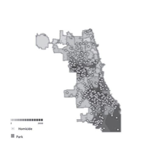 Figure 6. (Right) Spatial model of Chicago demonstrating the number of vacant lots by ward and homicide in in 2013 in reference to the location of city parks