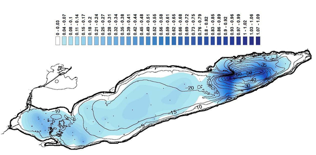 Figure 3. Colored map of the sedimentation rates superimposed on a map of the Lake Erie bathymetry shown with contours for visual representation only.