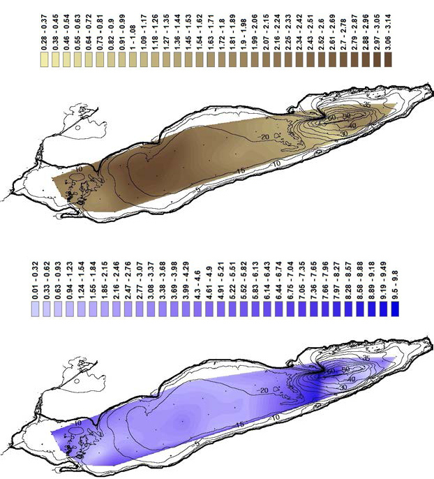 Figure 5. (a) The top map shows carbon concentrations (mmol/g) with contours superimposed on Lake Erie bathymetry, whereas (b) the bottom map displays carbon flux (mol/m2/year) over the same map. Water depth is measured in meters.