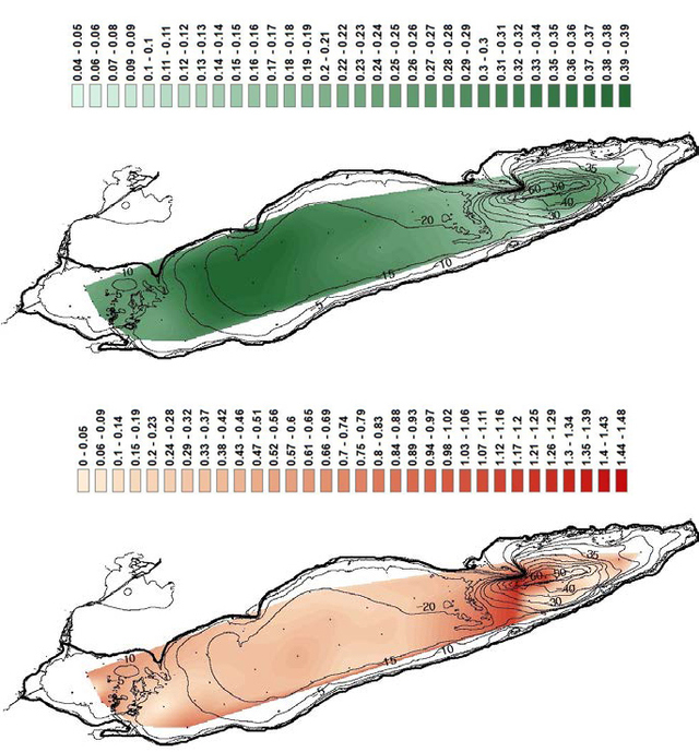 Figure 6. The top graph (a) is a colored map of nitrogen concentration data (mmol/g) with contours superimr,osed on the Lake Erie bathymetry. Water depth is measured in meters, whereas the bottom graph (b) displays nitrogen flux (mol/m2/year) over the same mapping. Water depth is measured in meters.