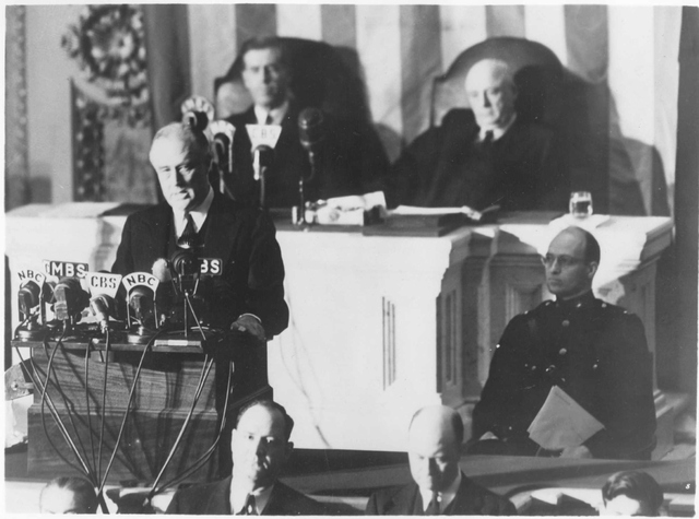 Roosevelt delivers the 'Day of Infamy' speech to a joint session of Congress on December 8, 1941