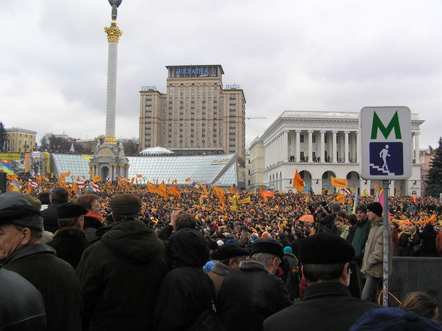 Thousands of demonstrators protest in Kiev's Independence Square during the Orange Revolution November 2004.